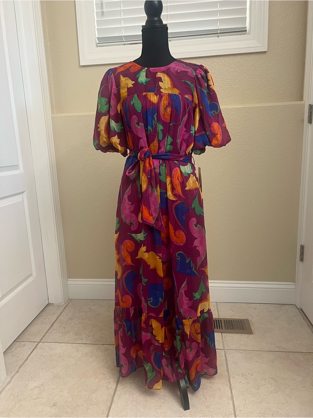 Donna Morgan Magenta Abstract Print Maxi Dress with Tie Waist